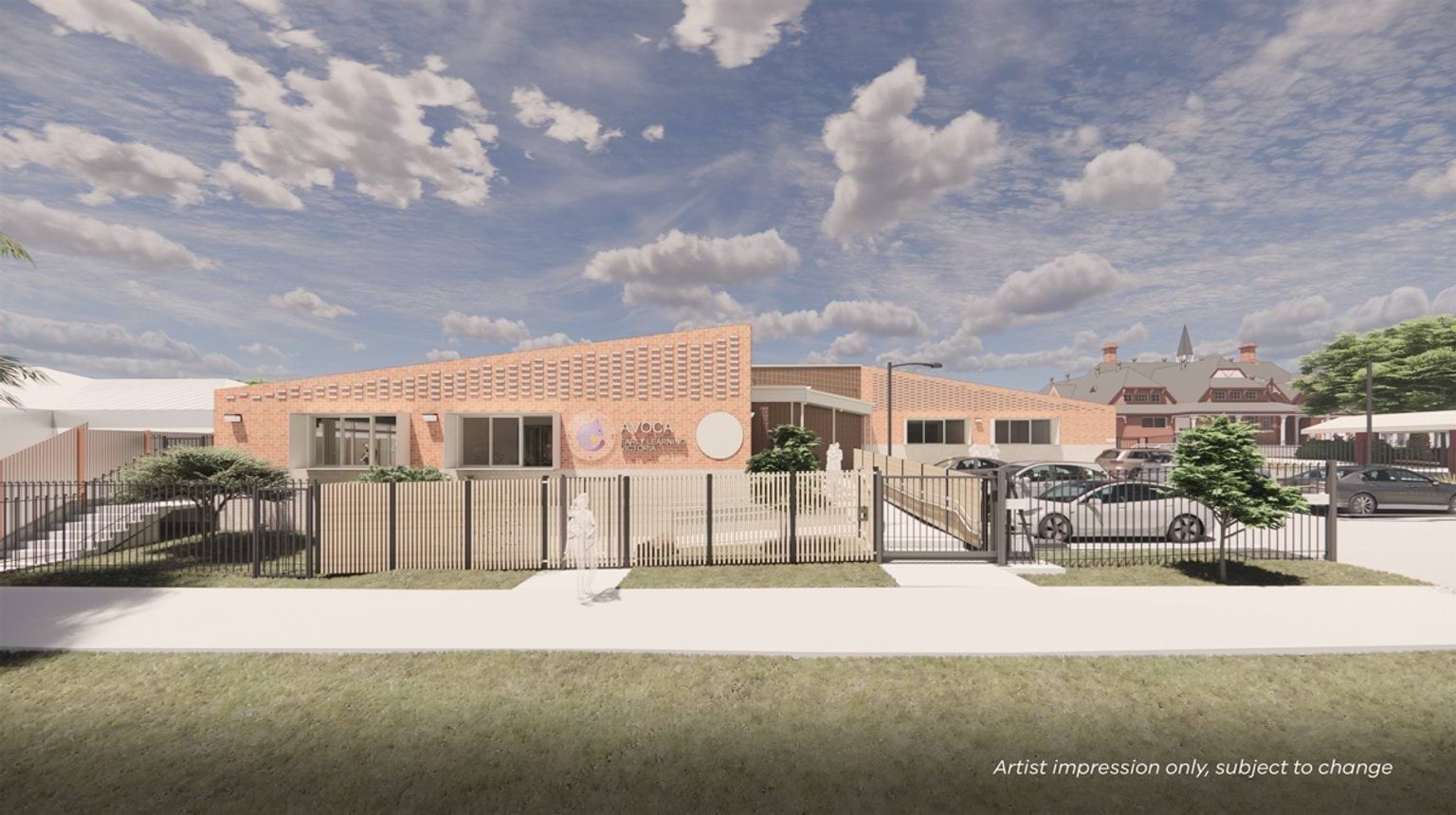 Illustrated render of new building. It is brick and surrounded by fencing. There is a footpath leading to the front gate and a carpark next to the building.