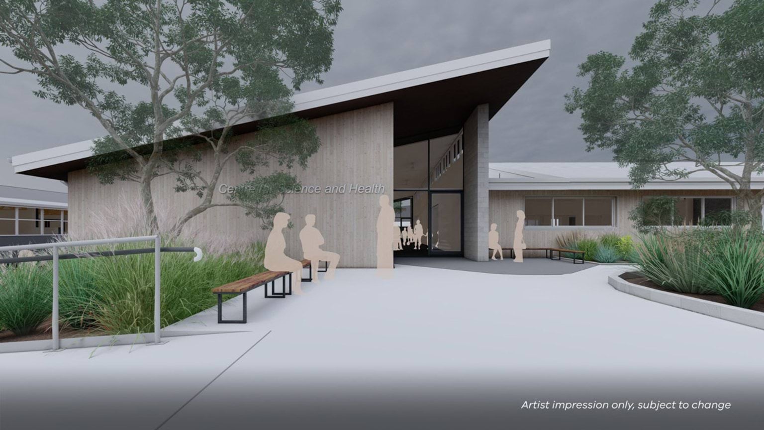 Illustrated render of external view of grey building with high ceilings