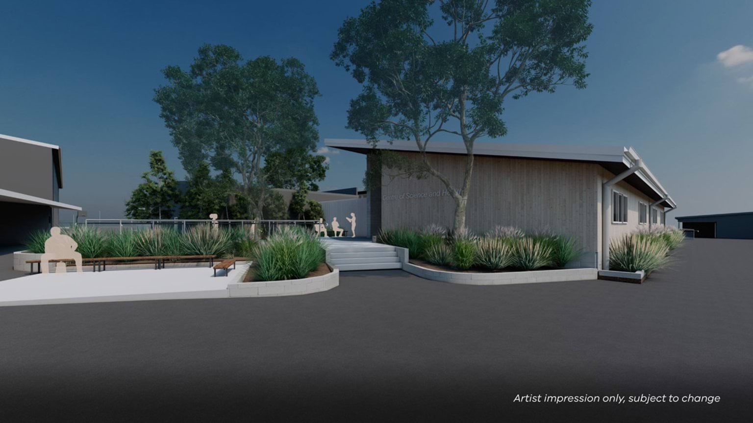 Illustrated render of external view of grey building with high ceilings. There is a path in the foreground and steps nearby.