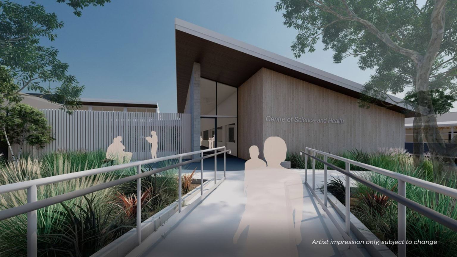 Render of ramp leading up to new school building. There are rails on the ramp and shrubs on both sides.