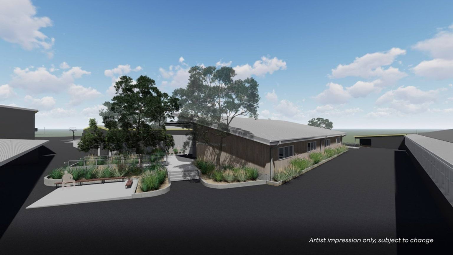 Render of school building. It has a sloped roof and backs onto a dark grey path.