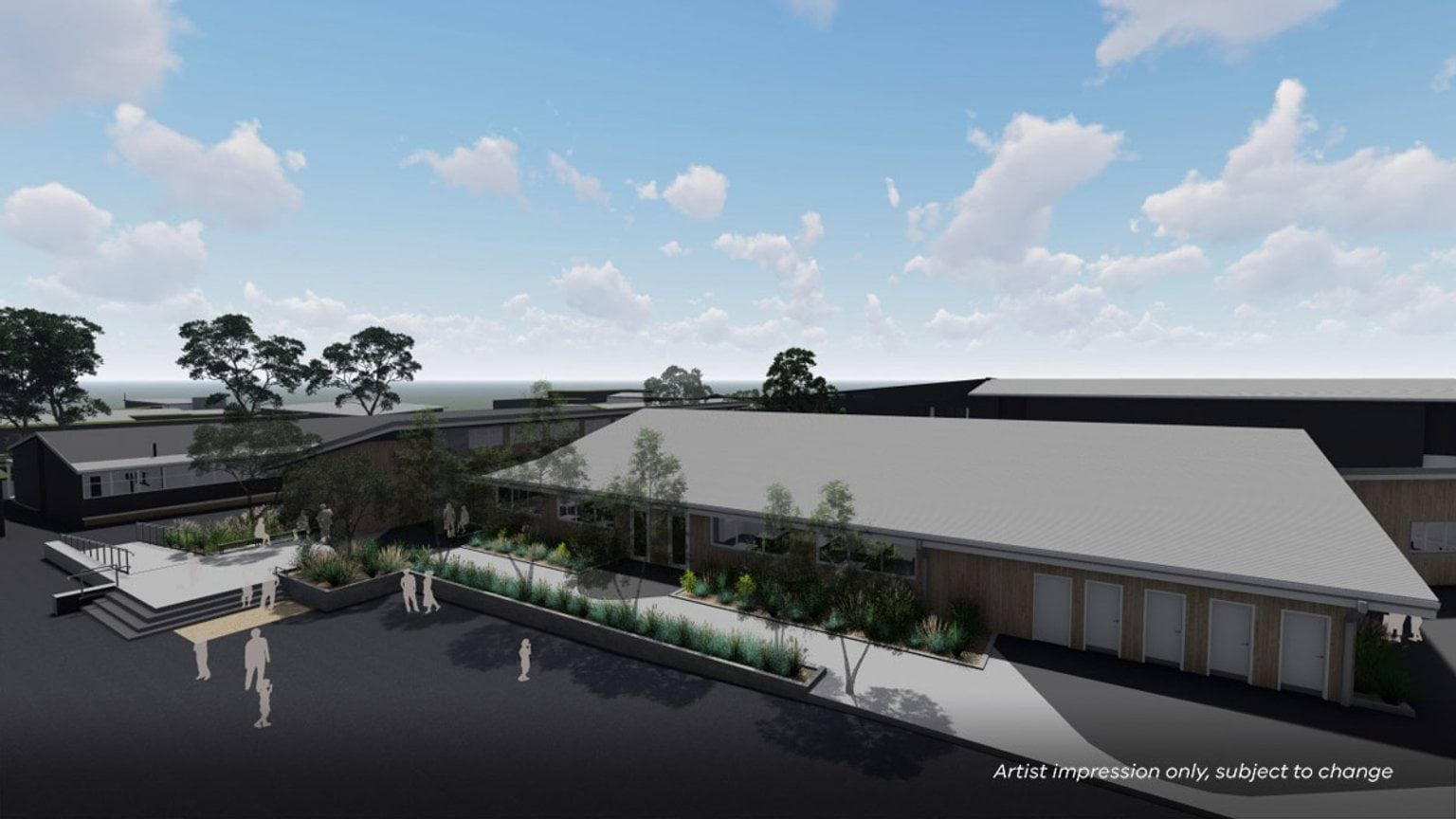 Render of school building. It has a path outside and multiple doors.