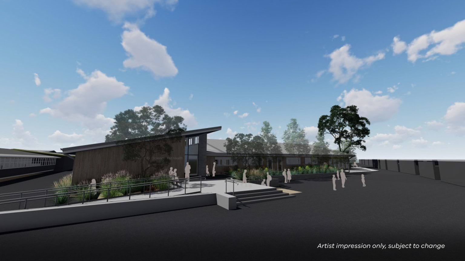 Render of outside of school building. It is one story and is accessible by a ramp and steps. There are trees and shrubs surrounding it.
