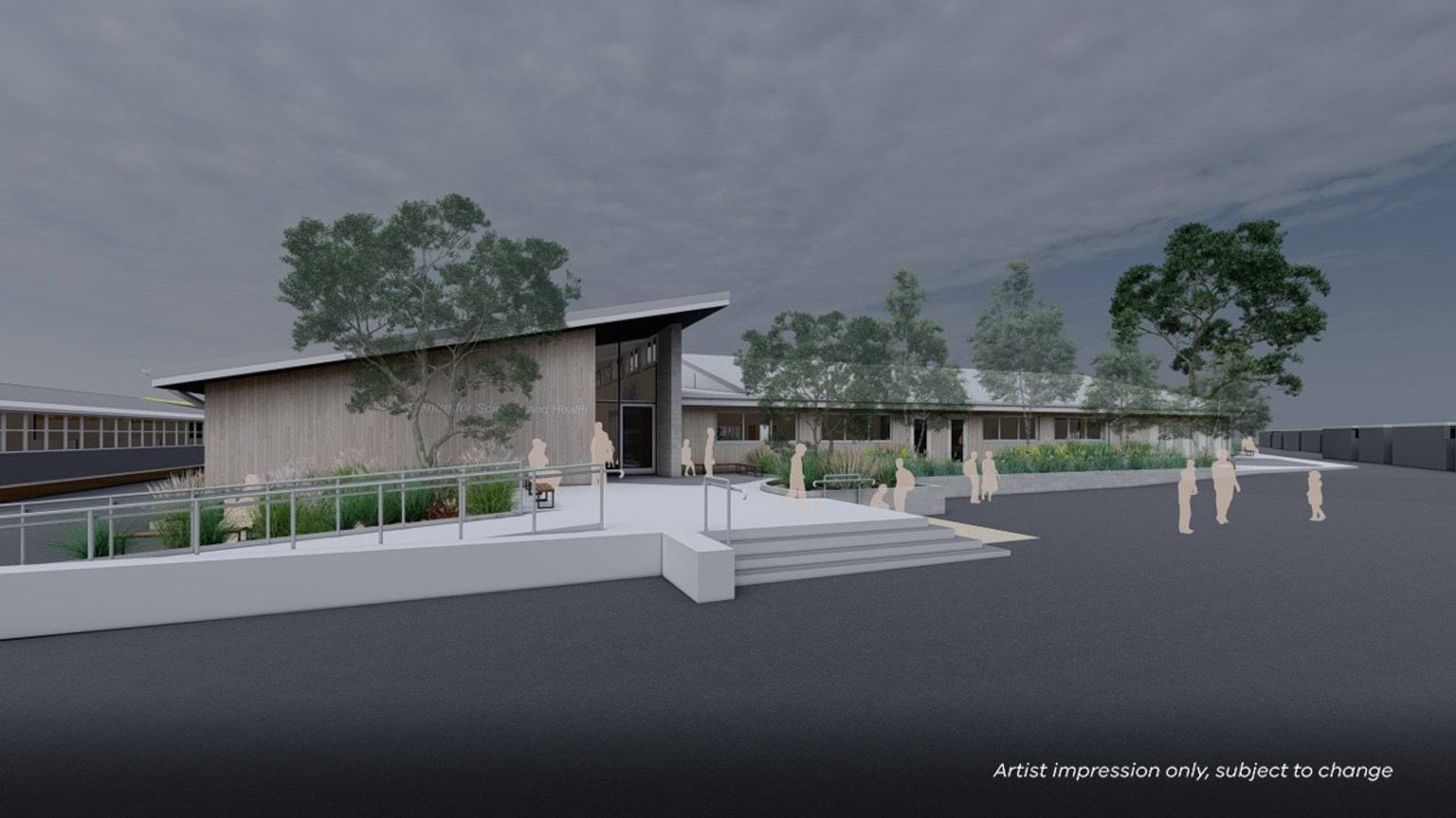 Render of outdoor view of school building. It is one story and accessible by a ramp and steps.