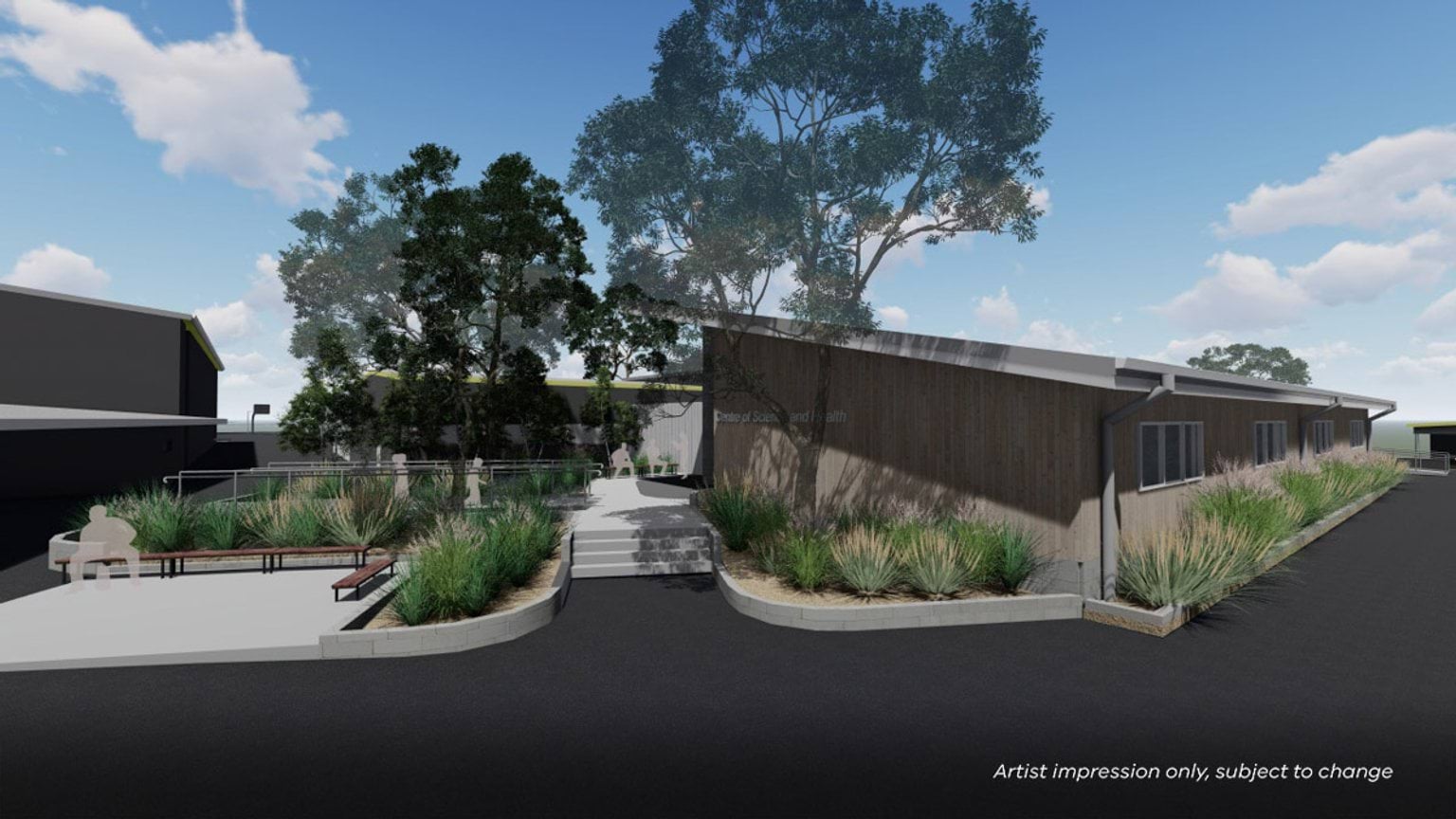 Render of school building with steps that lead to a path.