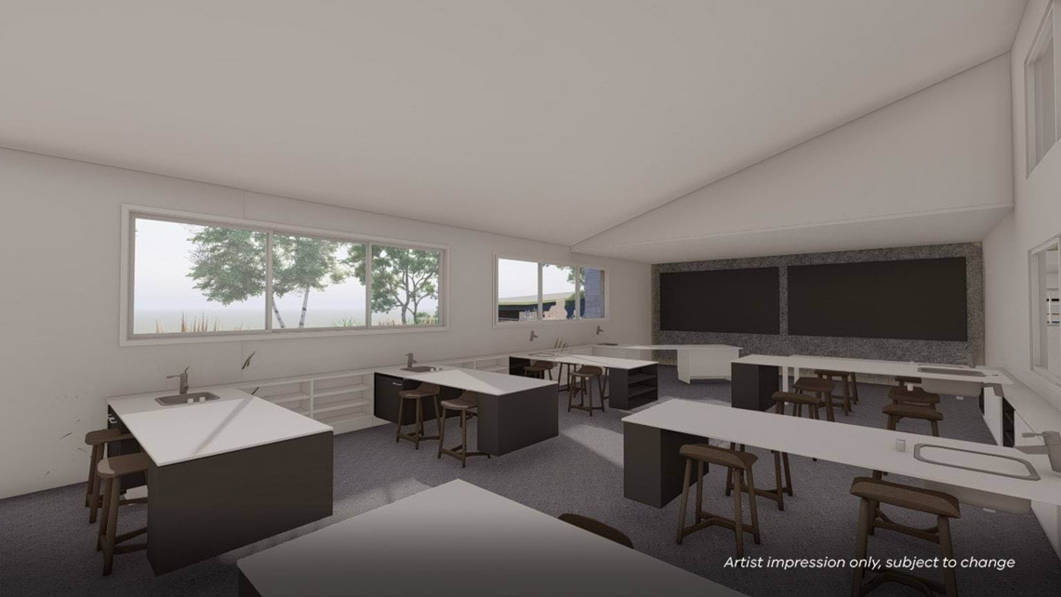 Render of inside a classroom showing benches, stools, and boards at the front of the room.