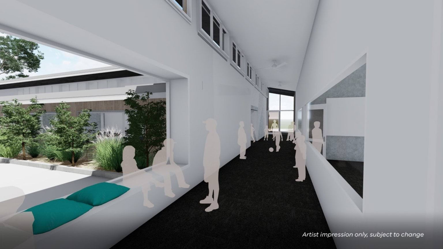 Render of a hallway inside a school building. There is a grey floor, white walls, and large windows with seating.