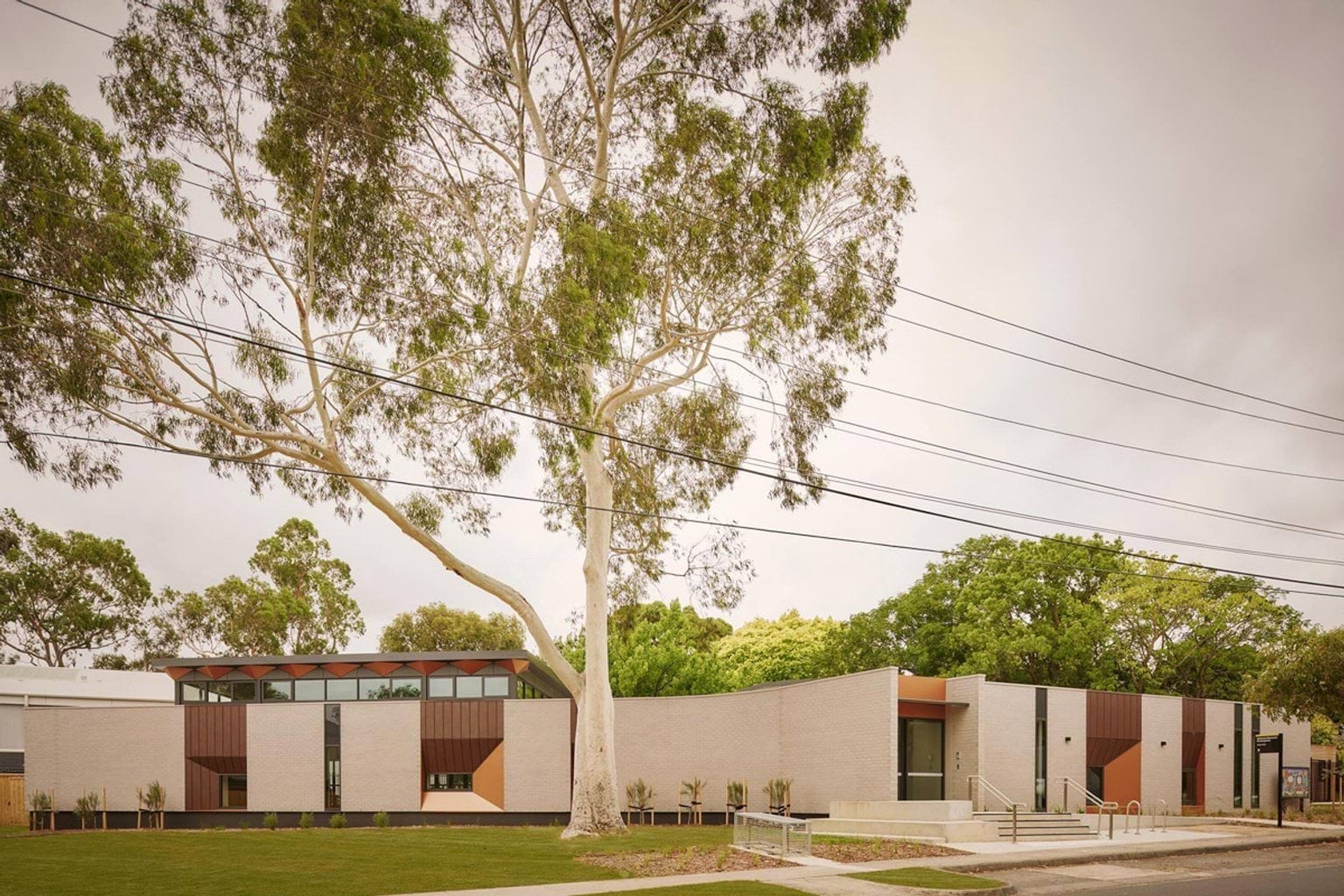 The exterior of the kindergarten viewed from the street, with cream brick walls, copper-toned panels and a curved wall. A large gum tree stands in front and power lines cross the view.