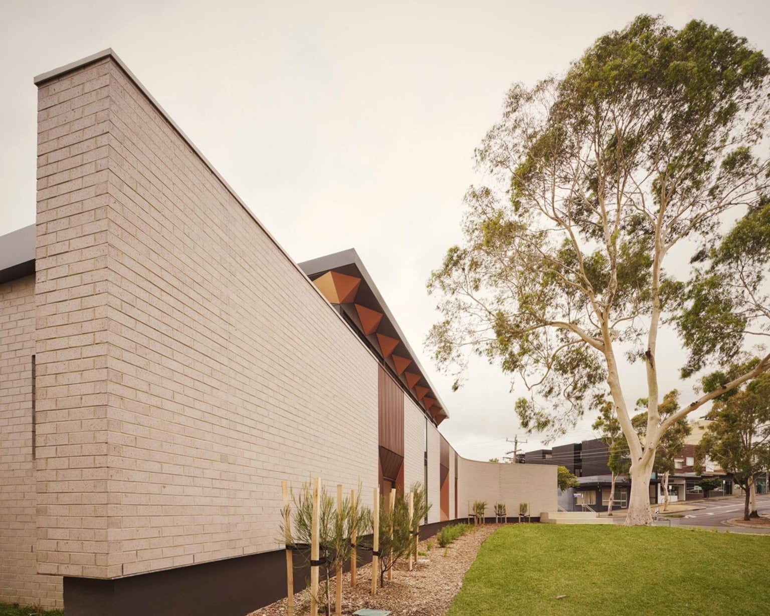 The exterior of the kindergarten showing a long cream brick wall with copper-toned panels and a row of young plants. A large gum tree is in the background.