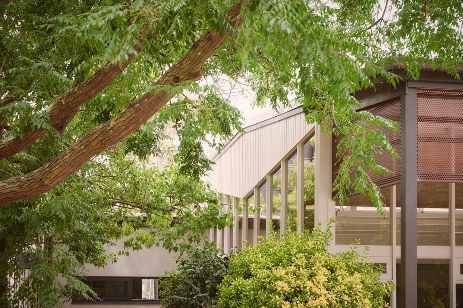 The kindergarten exterior partly hidden by leafy trees, with tall windows and a perforated metal screen in a rust colour. Green shrubs and branches frame the view.