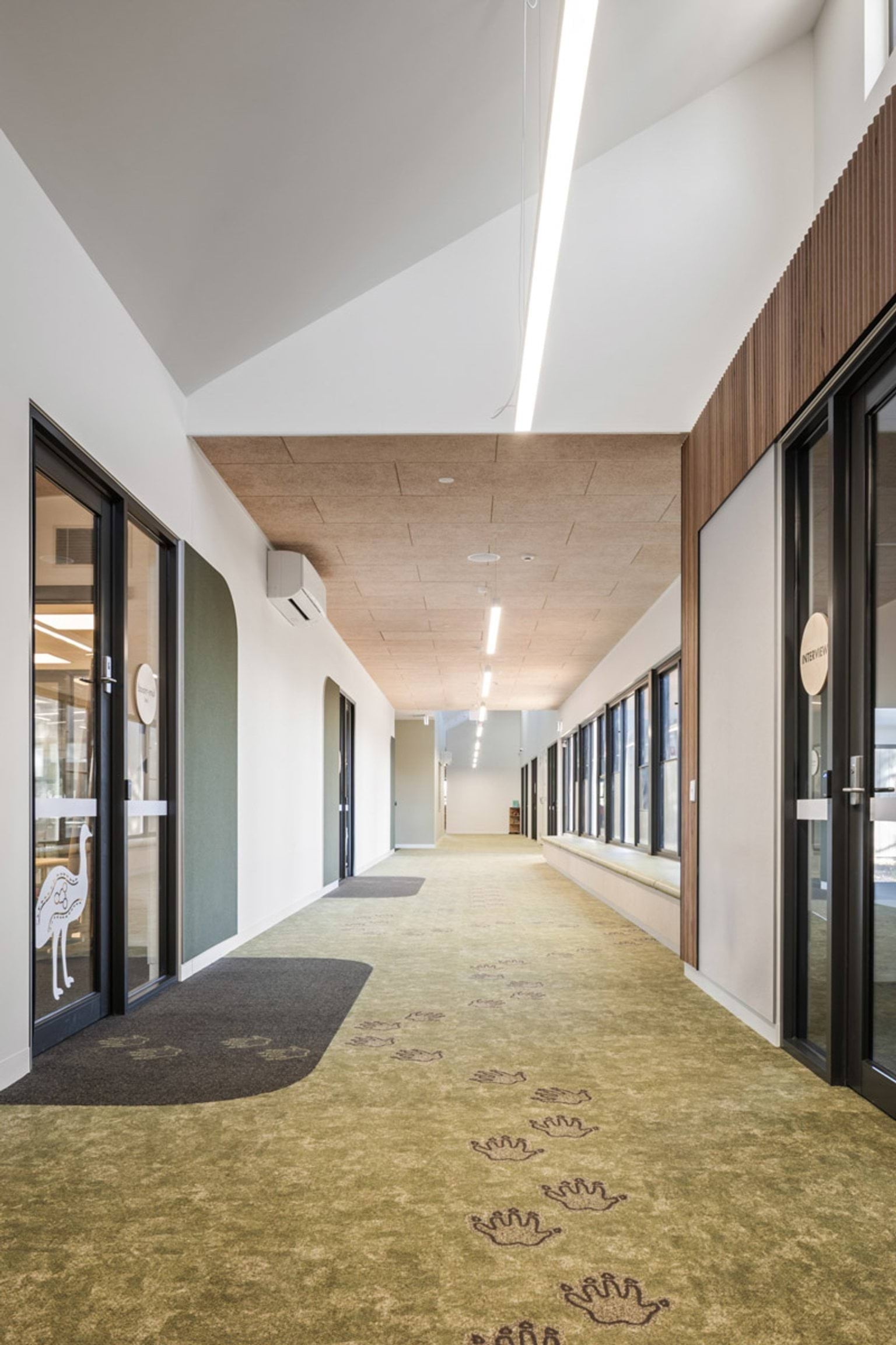 Wide hallway with patterned green carpet featuring animal footprints, timber ceiling panels and glass doors to classrooms