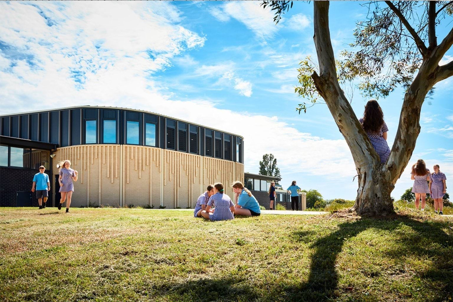 School grounds with modern building featuring vertical cladding, students sitting and walking on grass