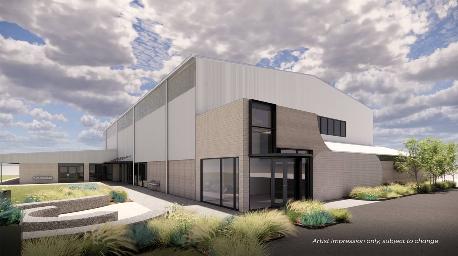 Illustrated render of exterior of new school building. 