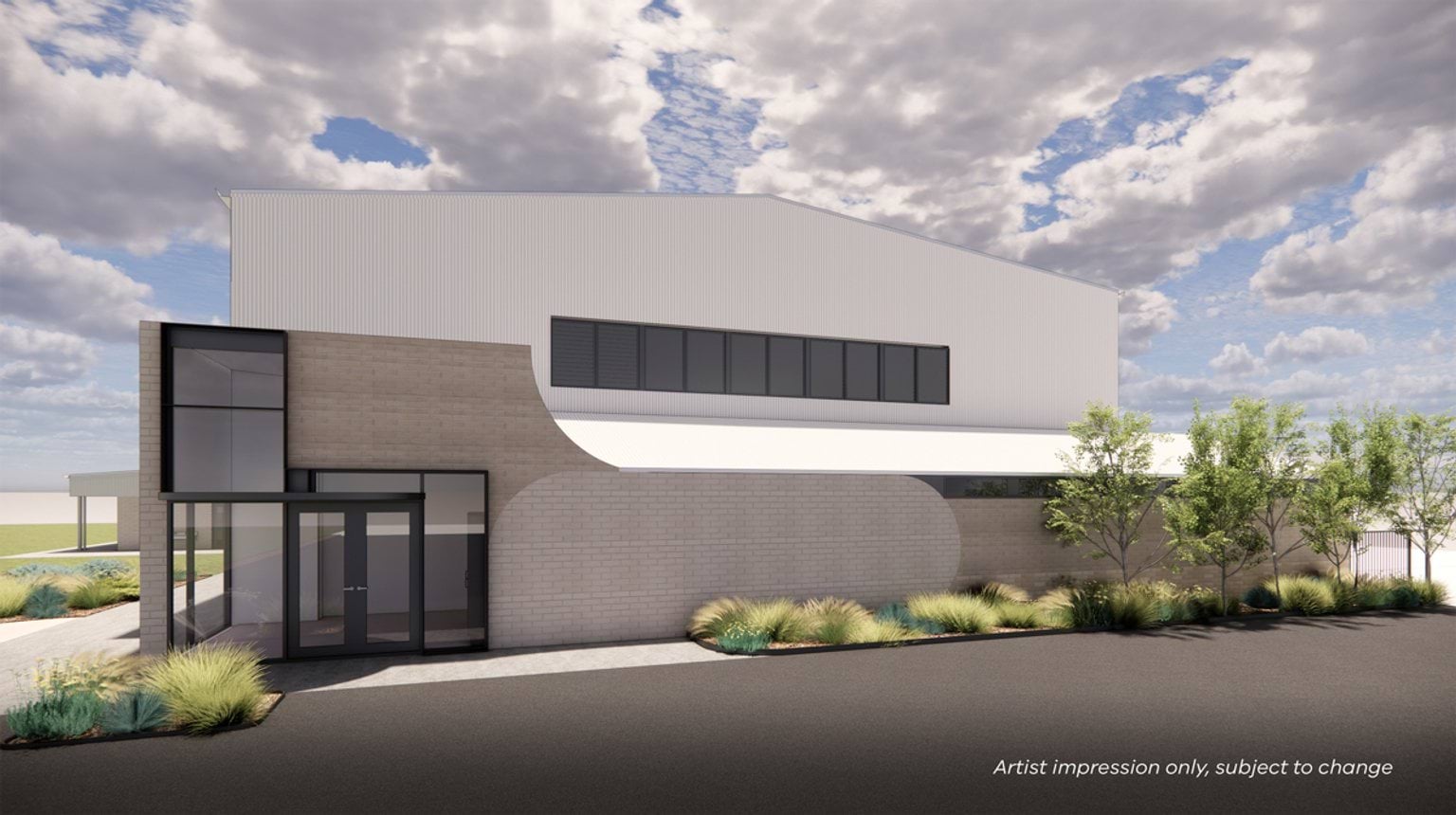 Illustrated render of new building entrance. There is a path outside with shrubs and trees.