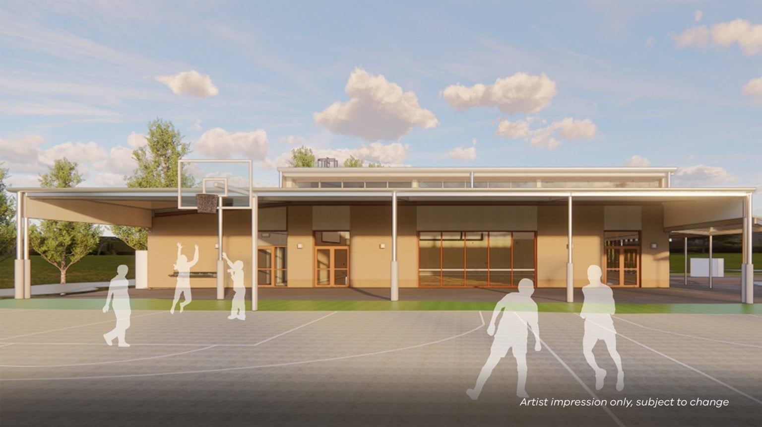 Artist impression of a covered outdoor learning area with a metal roof and open sides next to the school building and outside hardcourt.