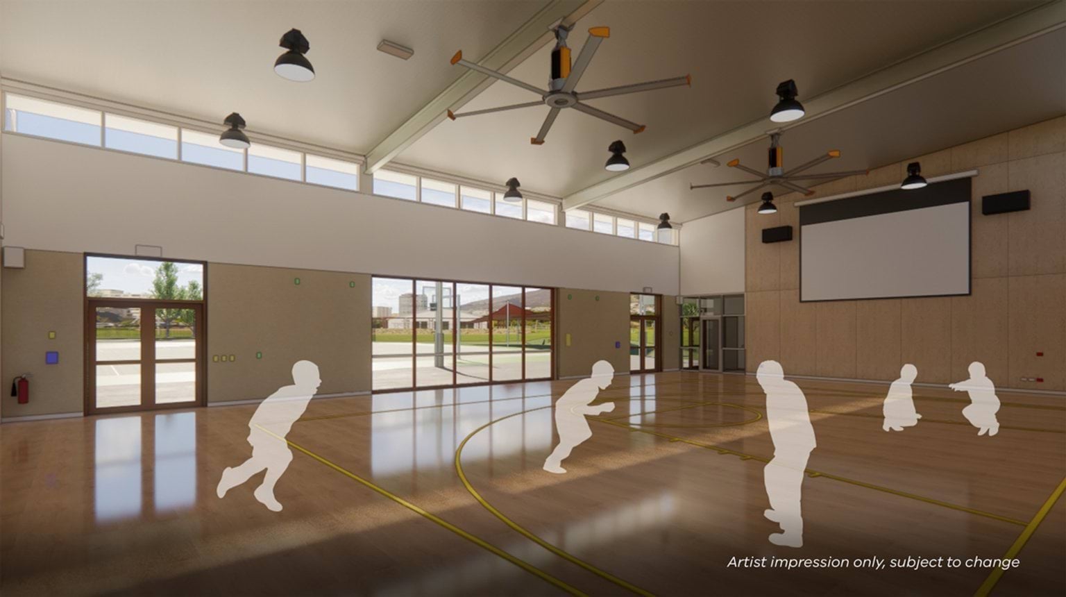 Artist impression of a new school gymnasium with polished timber floors, high ceilings, large windows, and overhead fans.