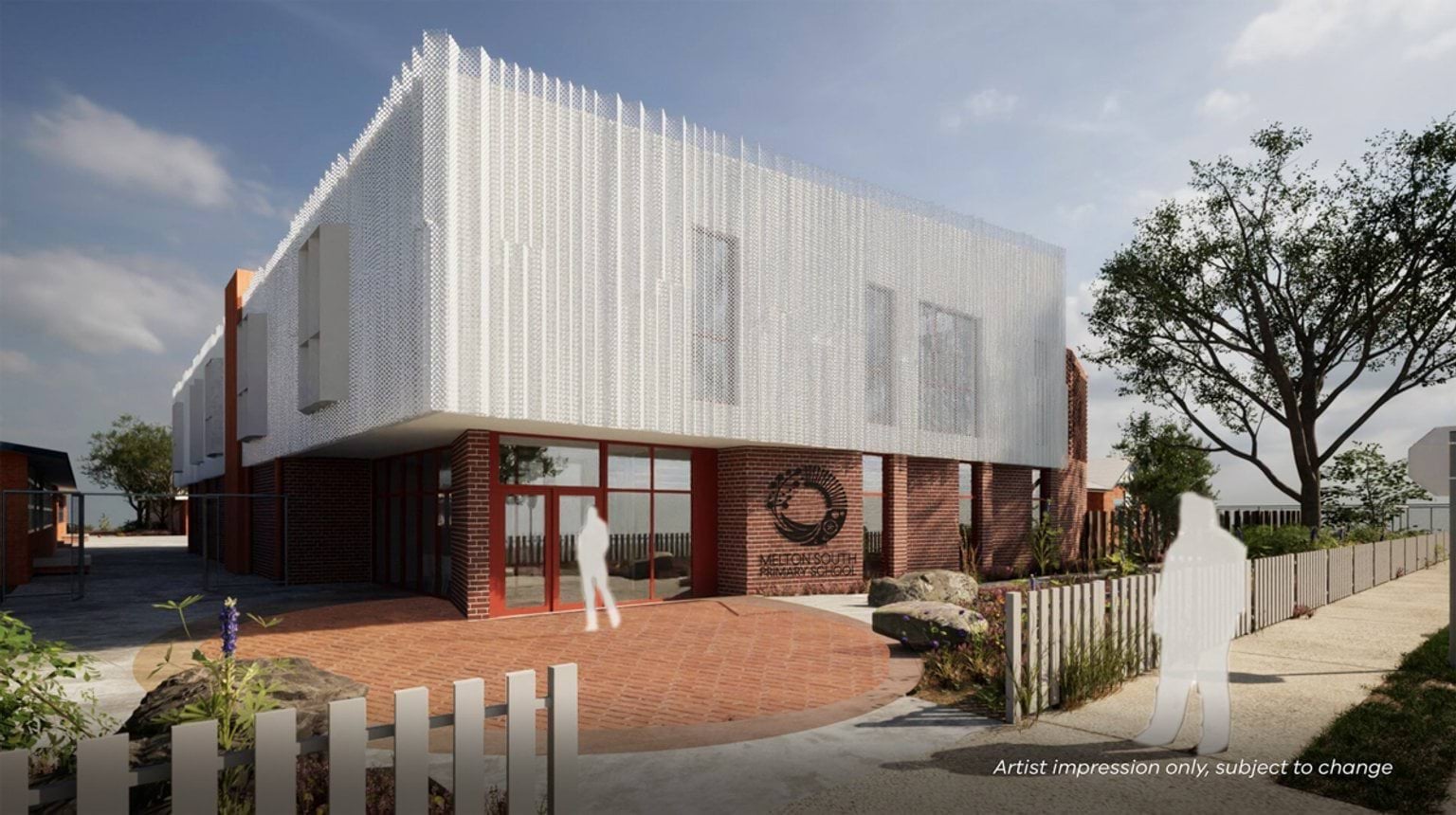 Illustrated render of a modern school building with a white perforated upper facade and red brick lower level, featuring large glass doors, landscaped garden beds, and a paved walkway with fencing.