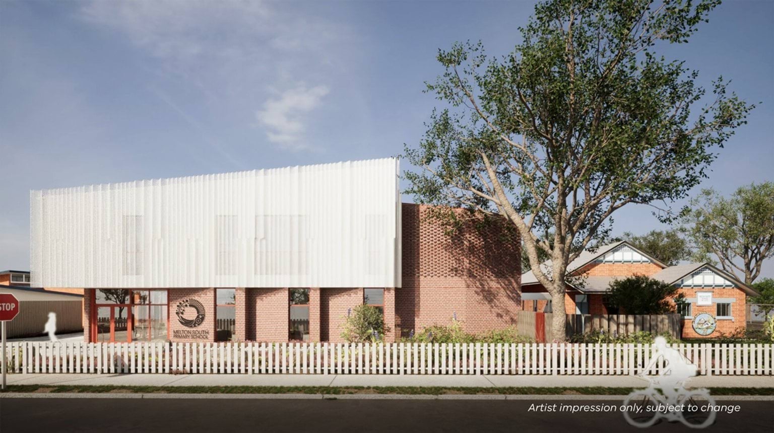 Illustrated render of school exterior showing a white upper facade and red brick base, set behind a white picket fence with trees and existing buildings in the background.