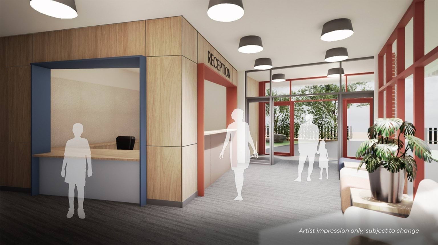 Illustrated render of a bright reception space with timber wall panels, a reception desk, seating area, and large windows overlooking greenery, with ceiling lights and neutral flooring.