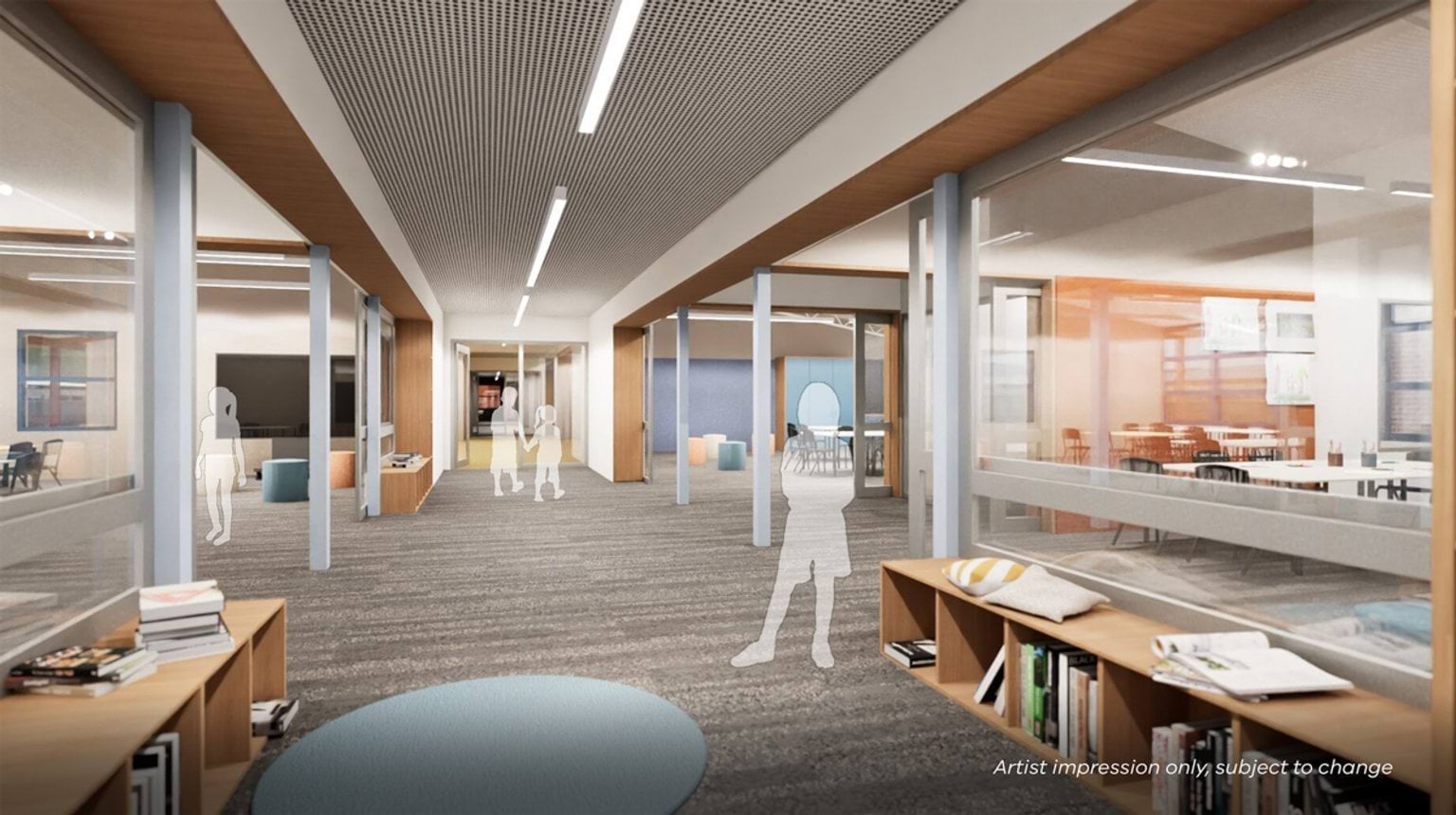 Illustrated render of an open-plan school corridor with carpeted floors, glass-walled classrooms, timber accents, shelving with books, and soft seating areas for students.