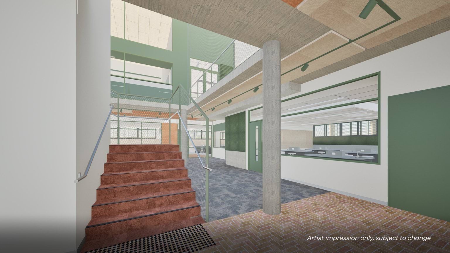 Artist impression of an open stairwell with brick steps, green-framed glass partitions, exposed concrete columns, and views into adjacent classrooms.