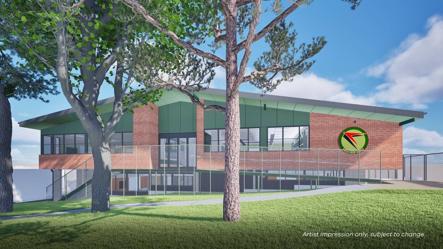 Artist impression of a modern school facade with red brick walls, green cladding, large windows, and a circular school emblem, framed by mature trees.