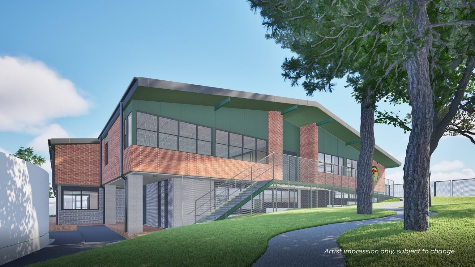 Artist impression of a two-story school building with red brick and green cladding, large windows, outdoor staircase, and landscaped surroundings.