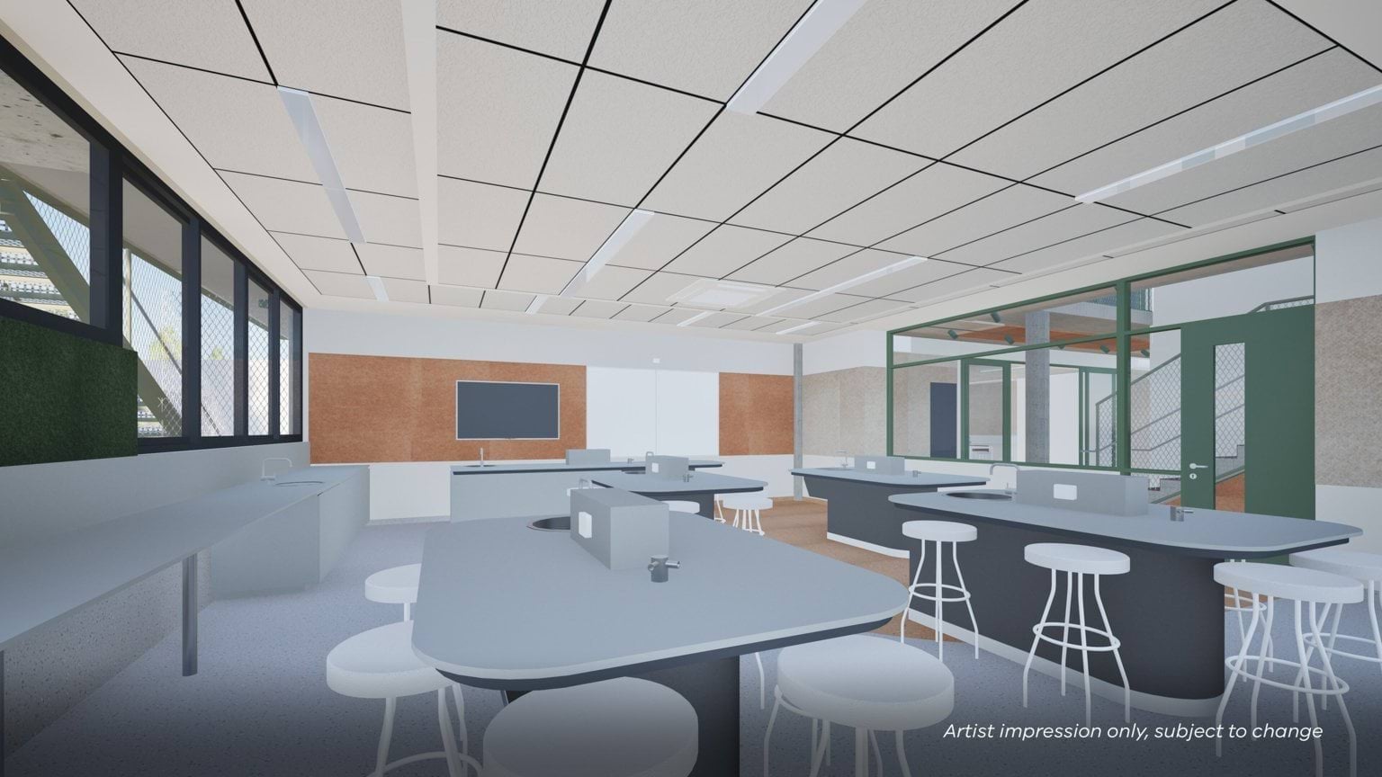 Artist impression of a bright science classroom with multiple grey workstations, white stools, integrated sinks, and large windows providing natural light.