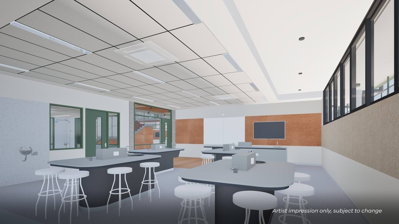 Artist impression of a modern science lab with large workbenches, white stools, sinks, and taps, featuring green-framed doors and windows, corkboard panels, and a bright ceiling with grid lighting.