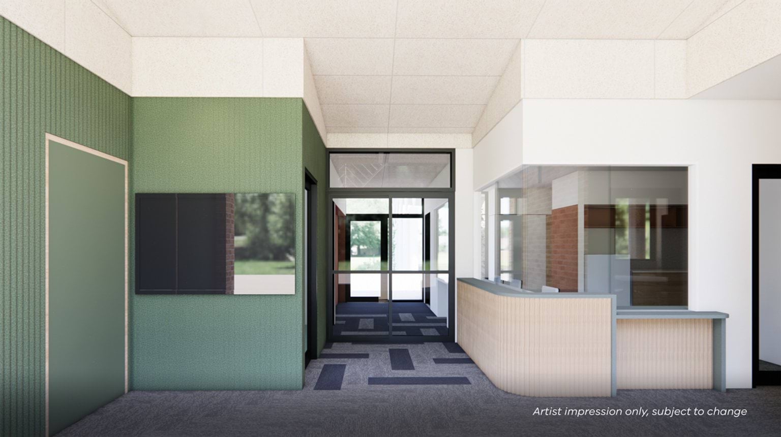 Artist impression of a school reception with a curved desk, green feature wall, mounted screen, and glass partition overlooking the entrance.