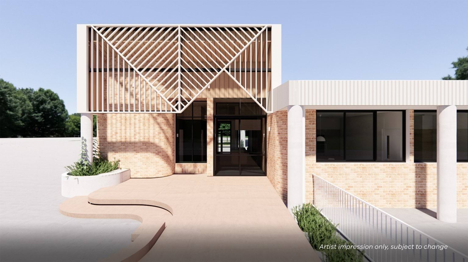 Artist impression of a school entrance with brick walls, white slatted facade, ramp access, and landscaped greenery.