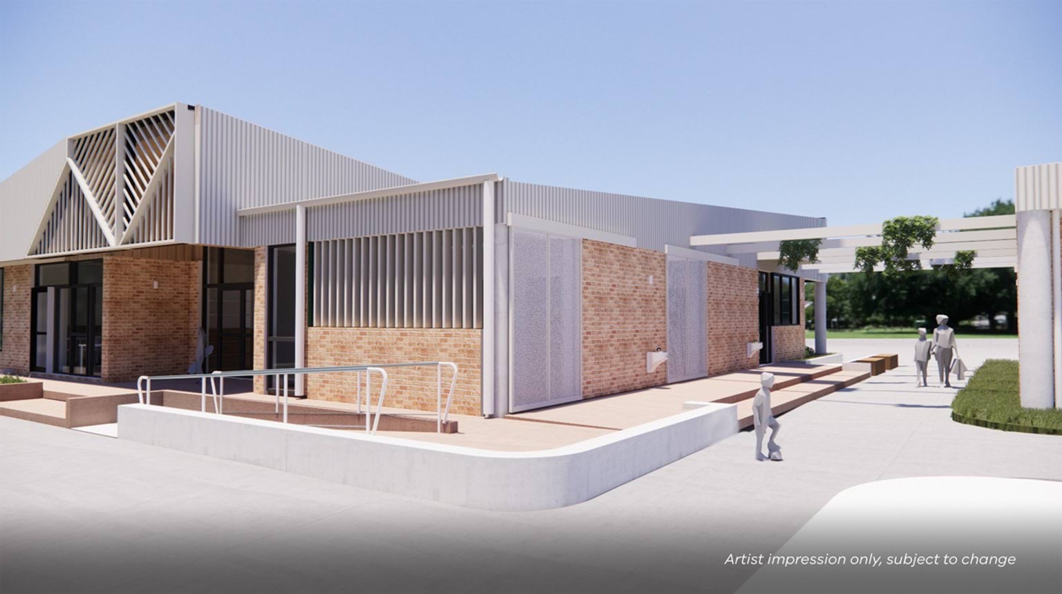 Artist impression of a modern school building with brick walls, white slatted panels, accessible ramp, and pergola with greenery.