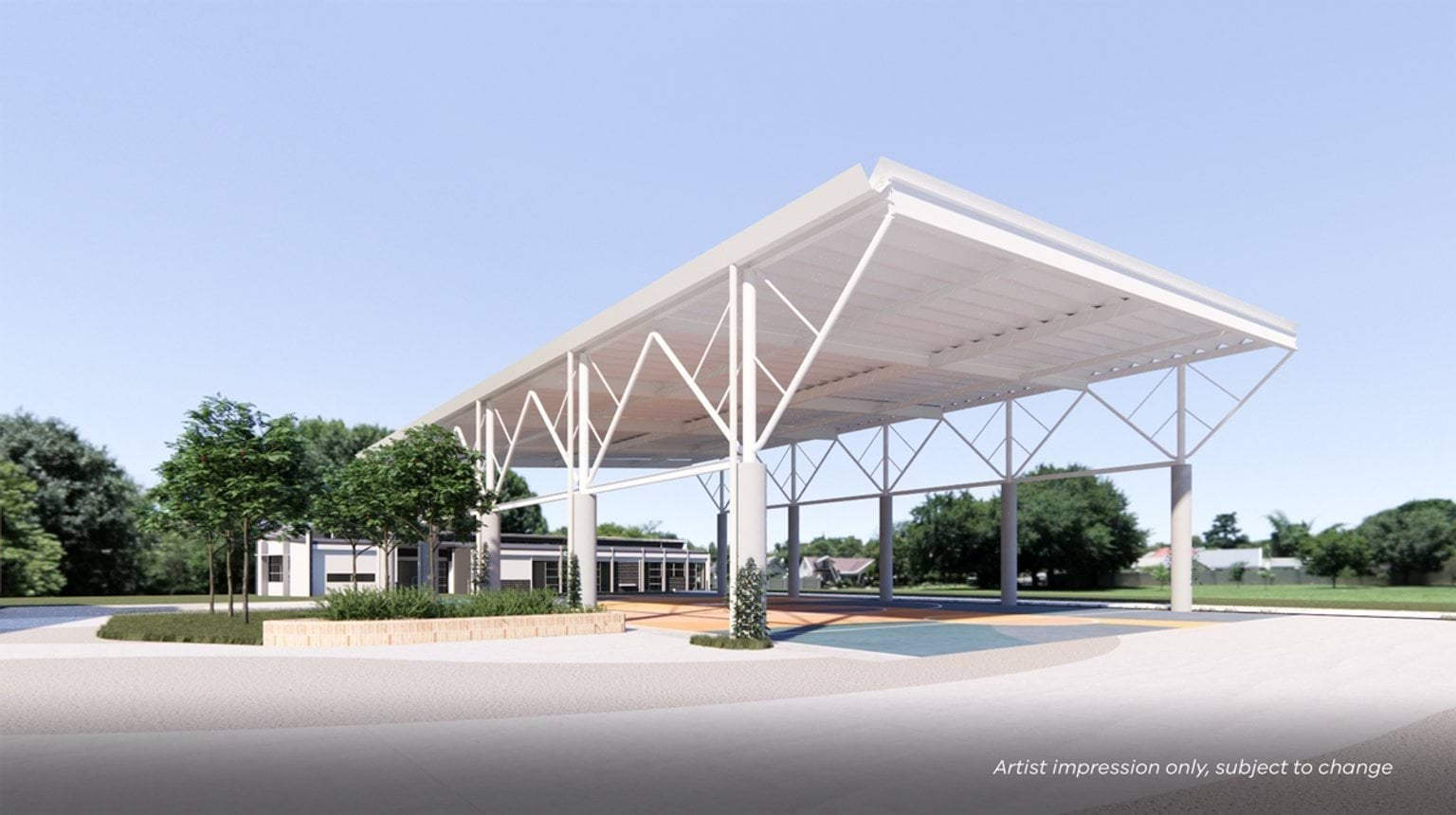 Artist impression of a large steel-framed canopy over a multi-purpose outdoor court, surrounded by greenery and pathways.