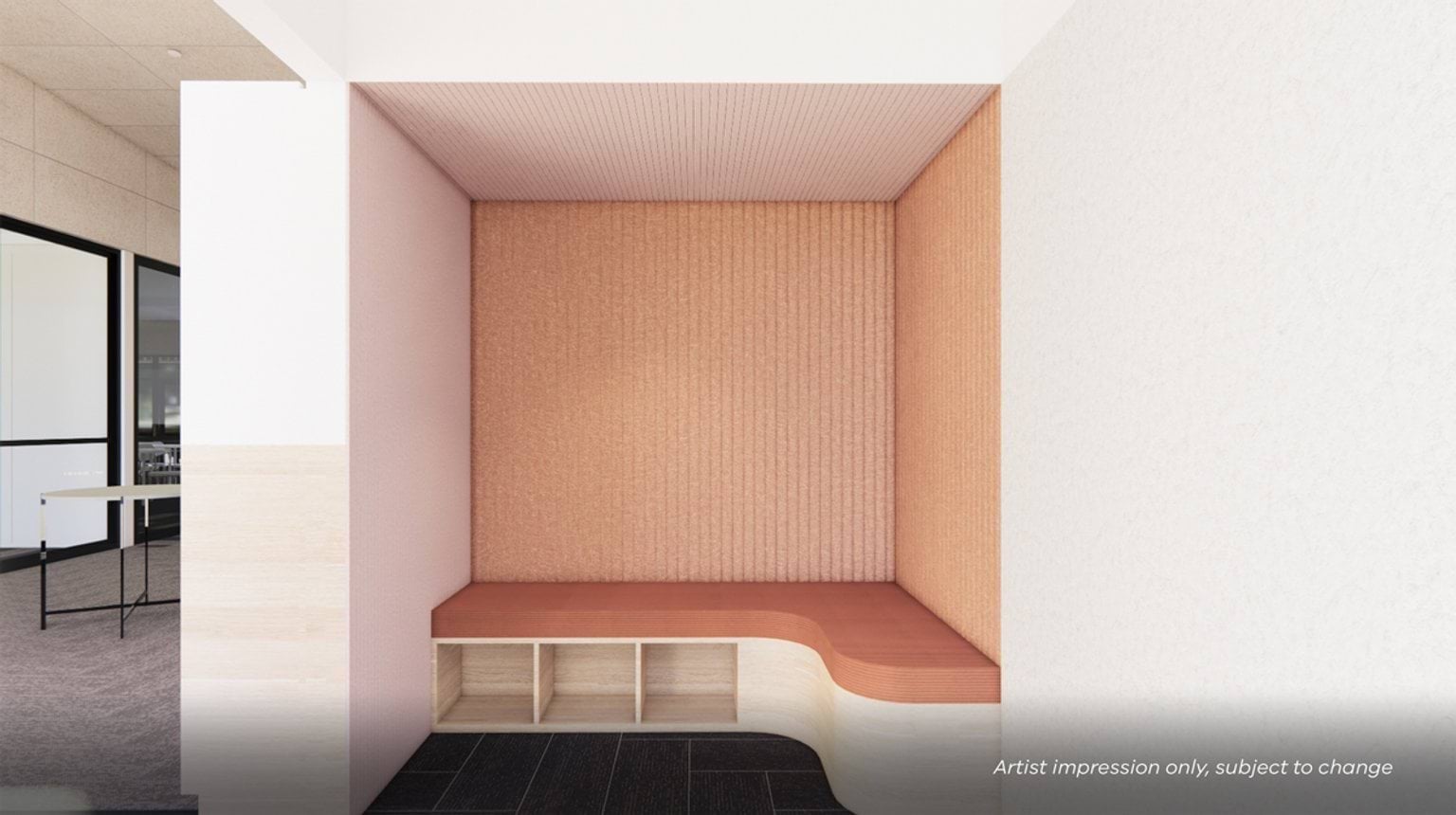 Artist impression of a cozy alcove with orange cushioned seating, timber storage underneath, and textured wall panels.