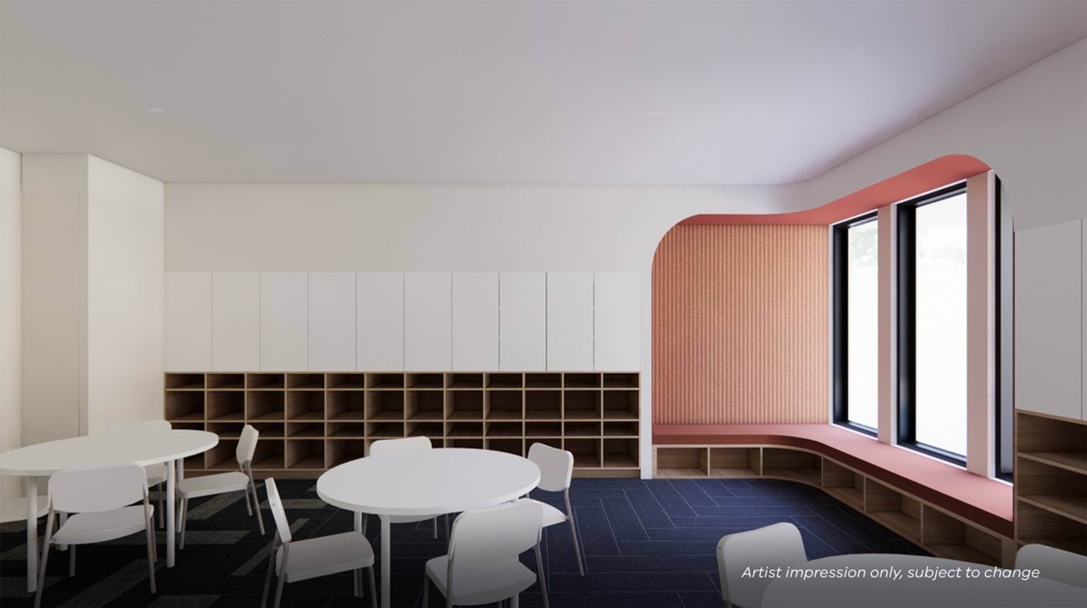 Artist impression of a classroom with round tables, white chairs, extensive cubby storage, and a curved window seat with orange accent wall.