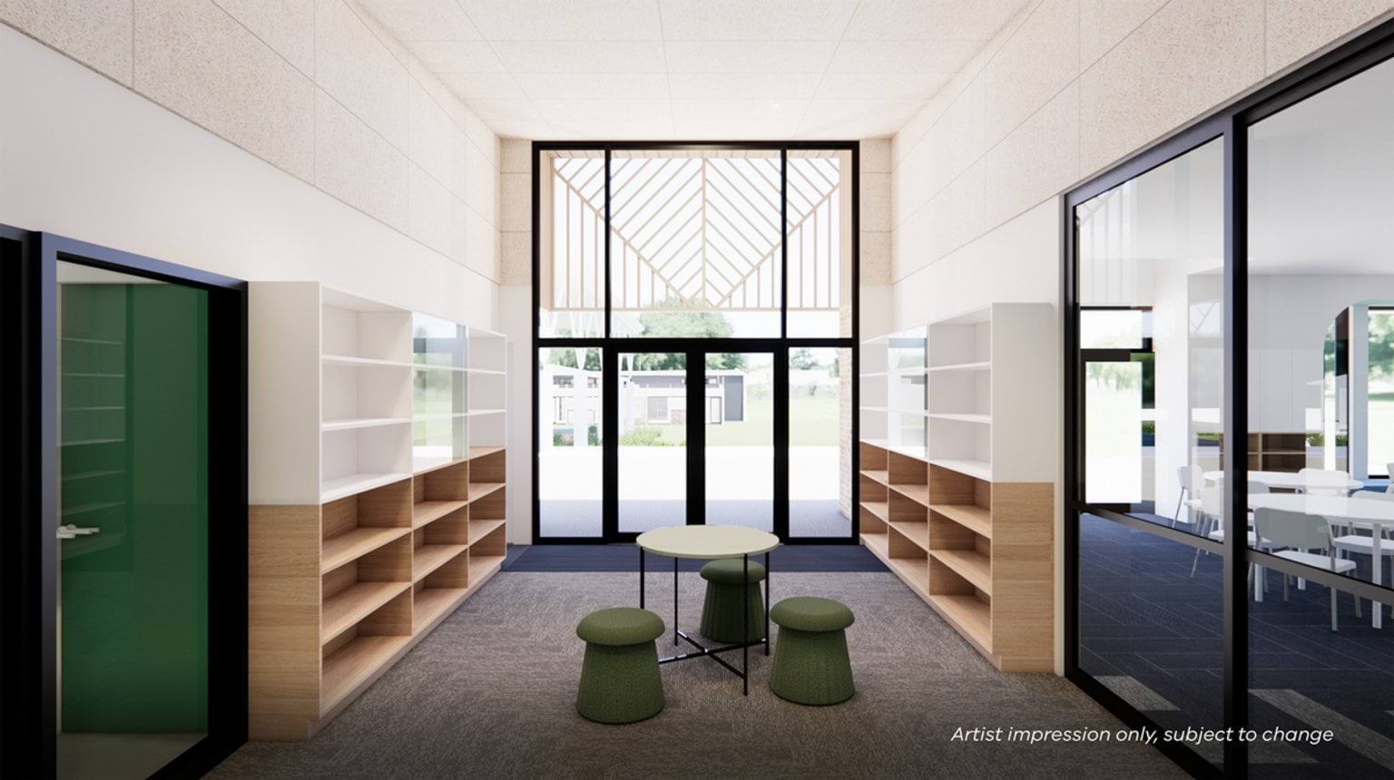 Artist impression of a bright school corridor featuring built-in shelving, a round table with green stools, and large glass doors opening to an outdoor view.