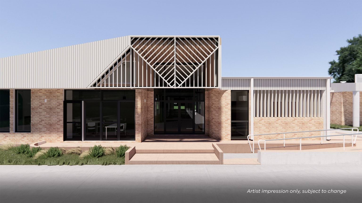 Artist impression of a school building entrance with brick walls, geometric white slatted panels, and landscaped garden beds.
