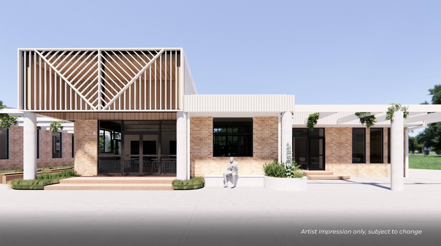 Artist impression of a school building with brick walls, white vertical slats, and landscaped planters in an open courtyard setting.