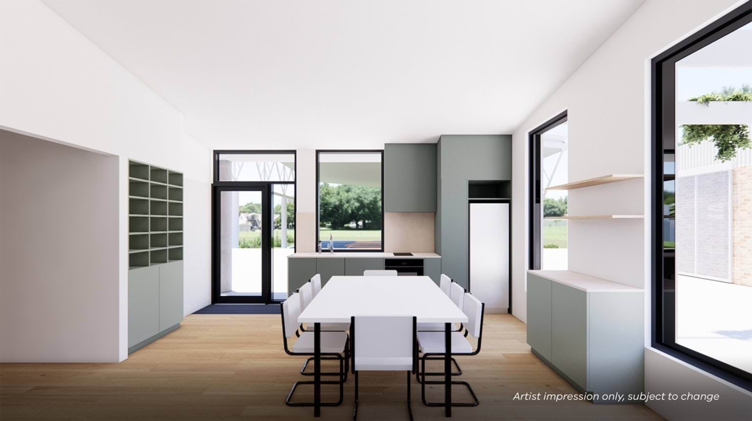 Artist impression of a modern staff space with a central dining table, green cabinetry, open shelving, and large windows providing natural light.
