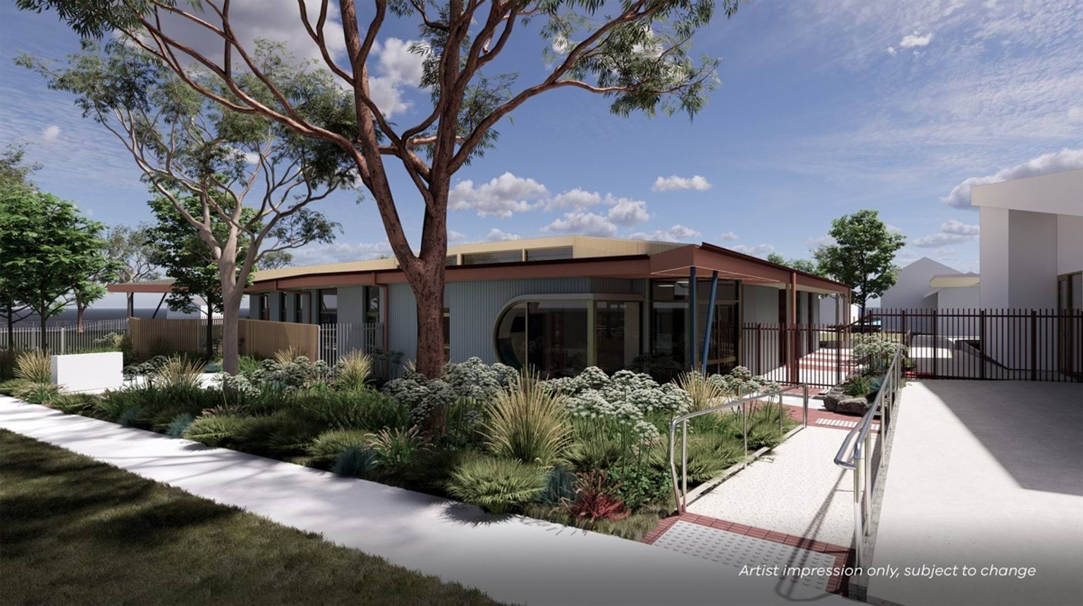 Artist impression of a landscaped school entrance with garden beds, trees, and a ramp leading to a modern building with timber and metal cladding.