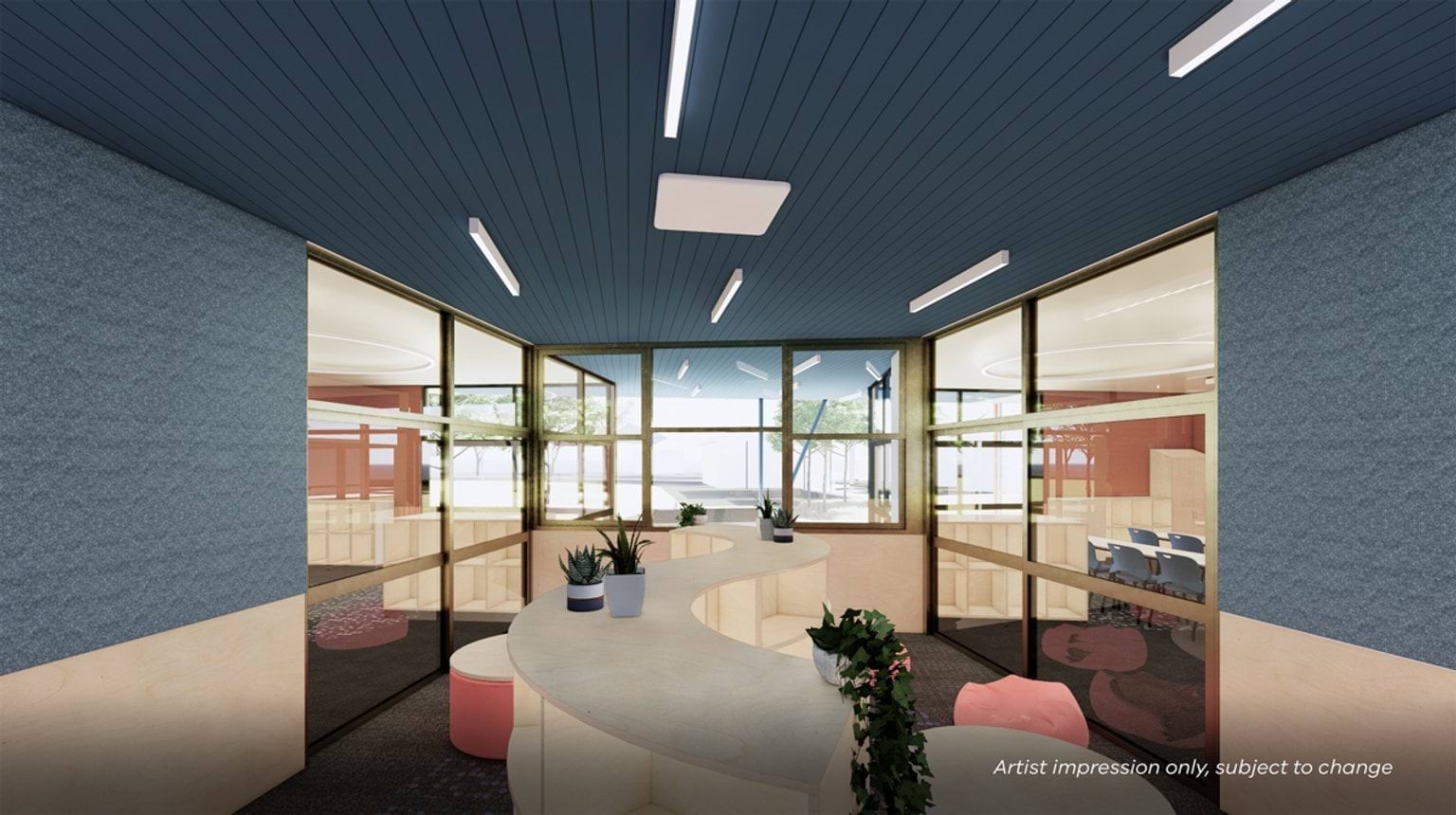 Artist impression of a reception space with a curved desk, indoor plants, and glass partitions. The ceiling is painted blue with modern lighting.