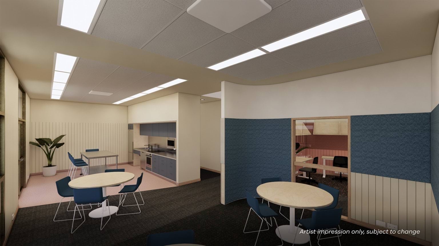 Artist impression of a staff room with round tables, blue chairs, and a kitchenette with grey cabinetry. The space has soft lighting and glass partitions.