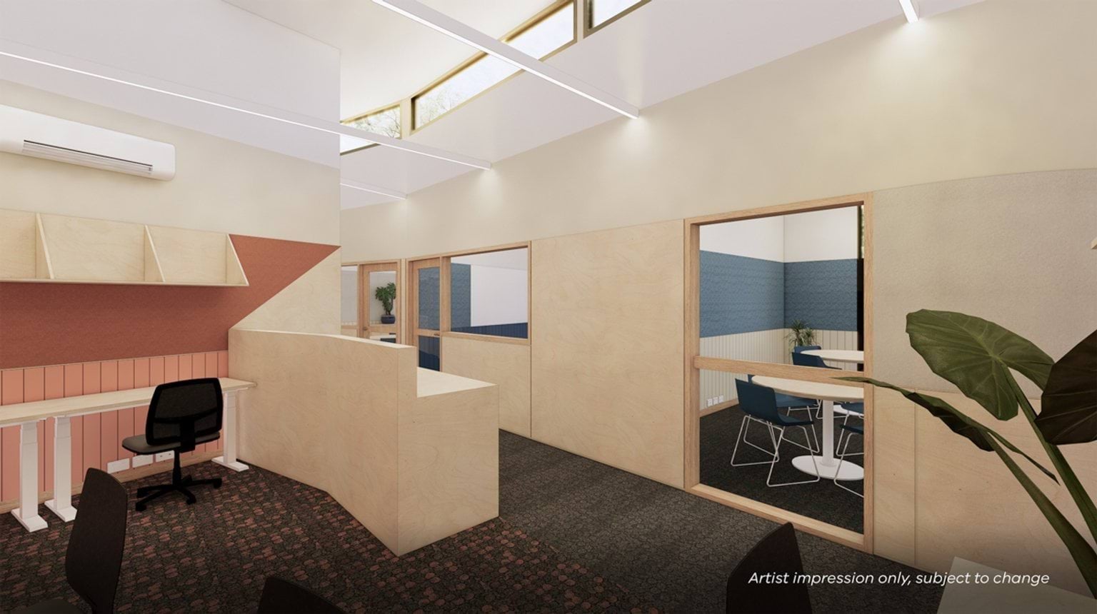 Artist impression of an office space with timber partitions, glass panels, and built-in desks. The ceiling has skylights and recessed lighting.