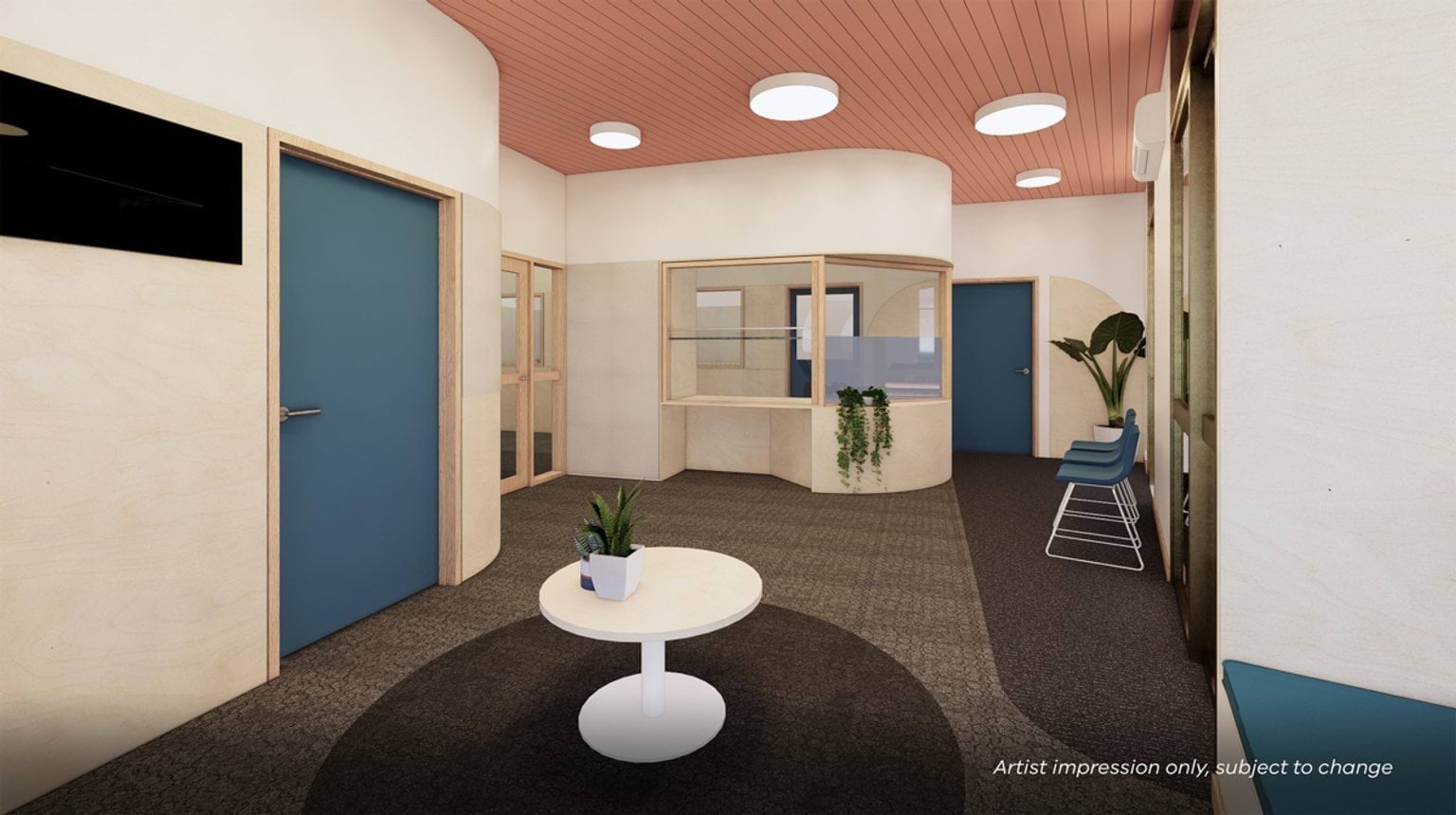Artist impression of a waiting area with blue chairs, a small round table, and timber-framed glass walls. The ceiling is pink with circular lights.