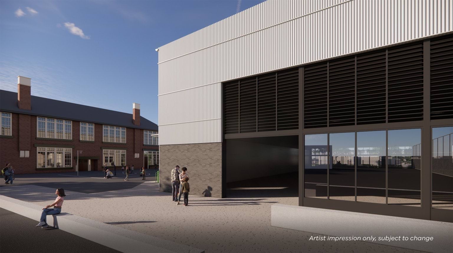 Artist impression of a modern extension with metal cladding and large louvered panels adjacent to a red-brick heritage school building, with students in the courtyard.