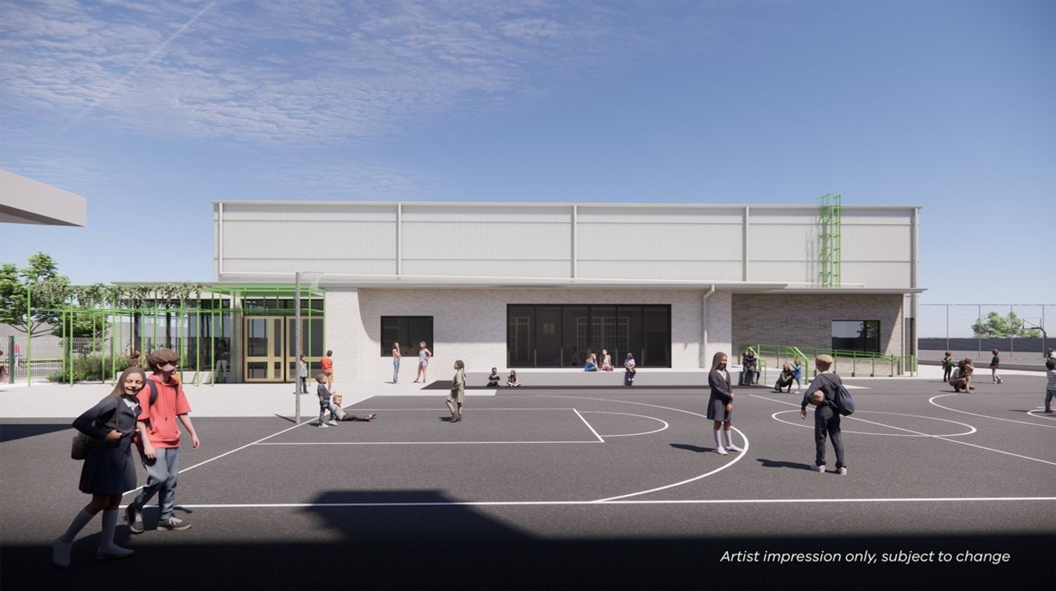 Artist impression of a modern school building with a light-coloured facade and green structural accents, overlooking a paved sports court where students are gathered.