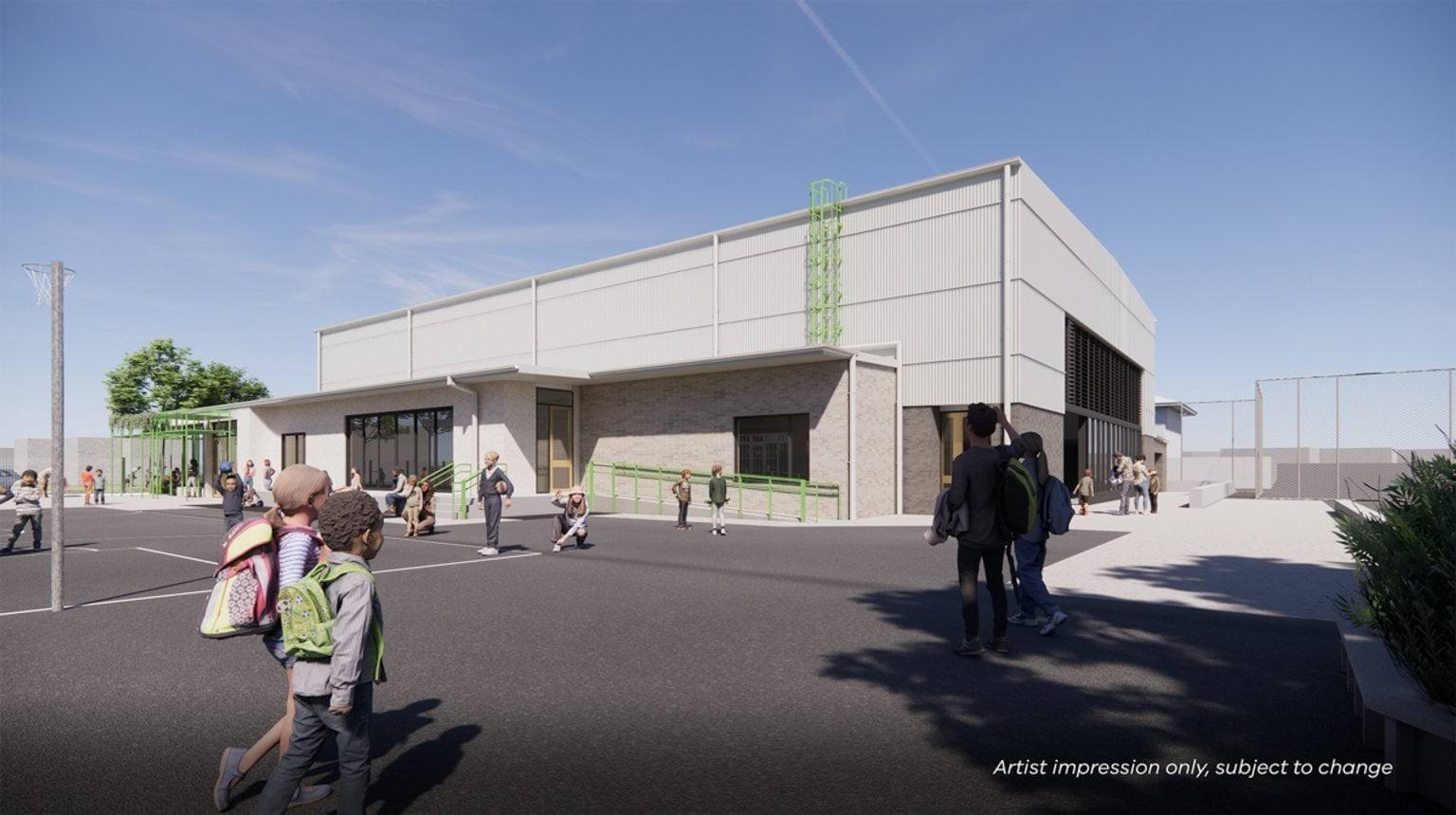 Artist impression showing a contemporary school building with green railings and a paved outdoor area, with students walking and playing.