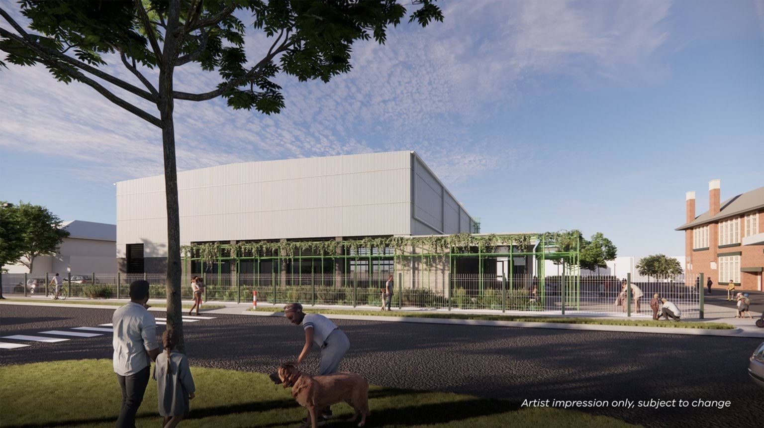 Artist impression of a school building with green pergola and fencing, landscaped frontage, and heritage structures visible behind.