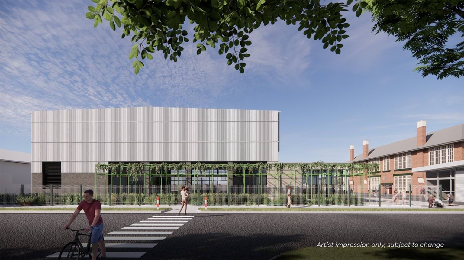 Artist impression of a large modern school building with vertical cladding and green pergola, viewed from across the street with heritage buildings in the background.