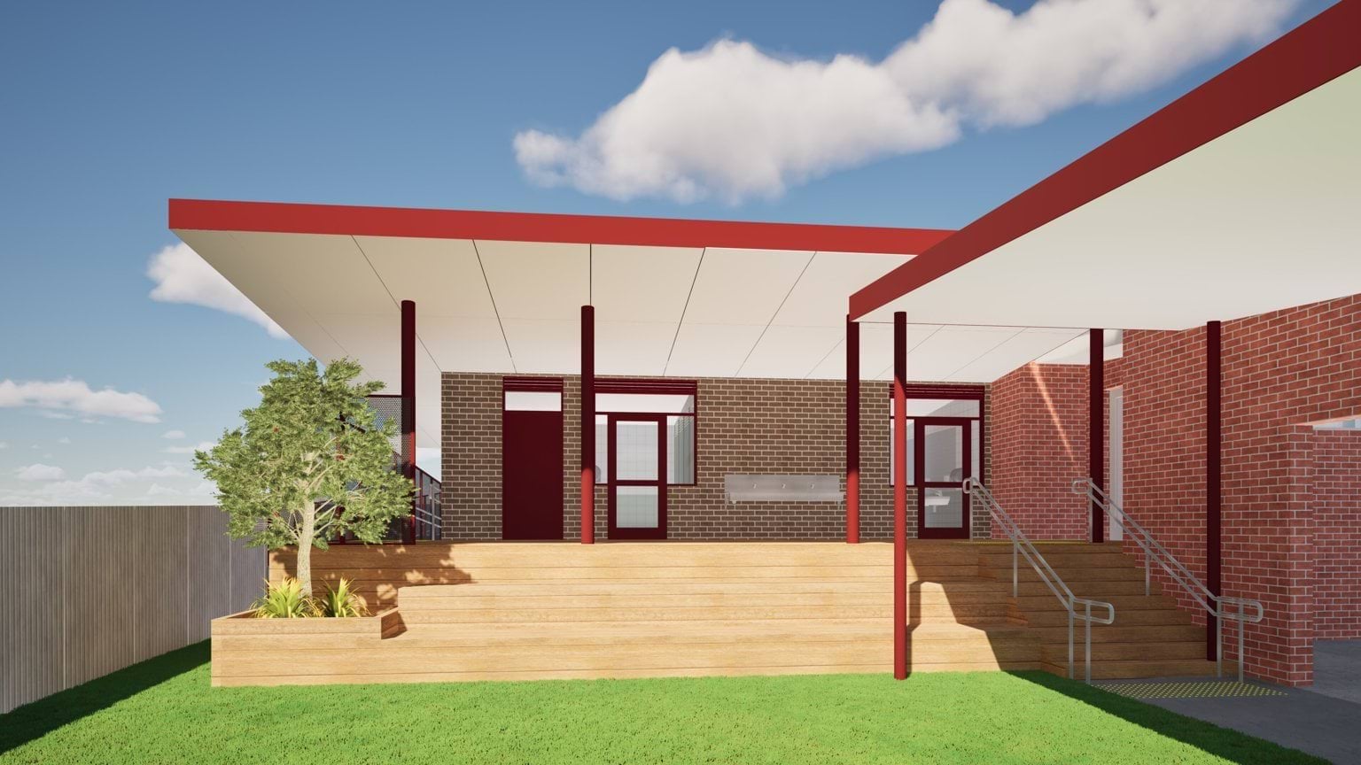 Illustrated render of new brick building with two door, stairs, and rails